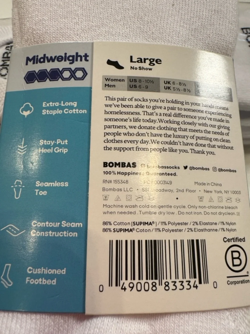 Bombas NWT 8 pair Color: White Midweight No Show socks Size:Large